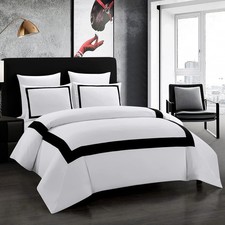 Hotel Duvet Cover Set Queen Size 3Pcs Microfiber Black Line Pattern Bedding C...