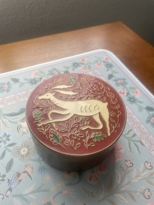 Vintage Brass Enamel Top Cloisonné Style Round Metal Trinket Box Deer Motif