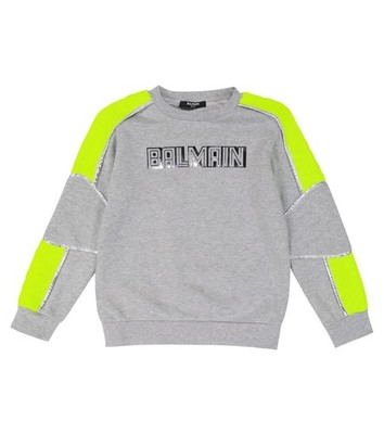 $259 BALMAIN Kid's Quilted Sweatshirt - Gray / Neon Green / Silver - 6A / 6Y
