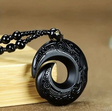 Black Obsidian Beaded Necklace with Carved Amulet Pendant Lucky Protection
