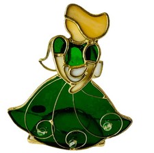 Vintage Stained Glass Angel Holding Dove Votive Tea Candle Holder Green 5.5  