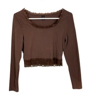 ROMWE baby crop top size M brown 90's Y2K lace trim fitted knit see measurements