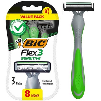 BIC Flex 3 Sensitive Disposable Razors for Men, 8 count (Pack of 1), Assorted 