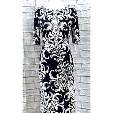 Connected Apparel Shift Dress Size 10 Blue White Baroque Ruched Dark Academia