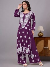 Purple Modal Chikankari Kurti Palazzo Set, Ethnic wear