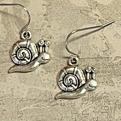 Etched Silver Tone French Hook Snail Charm Dangle Earrings. Snails. Animal. S389