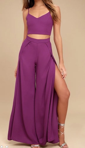 Lulus 2 Piece Jump Suit Purple Both Lace Up Crop Top And Slitted Flowy Pants S