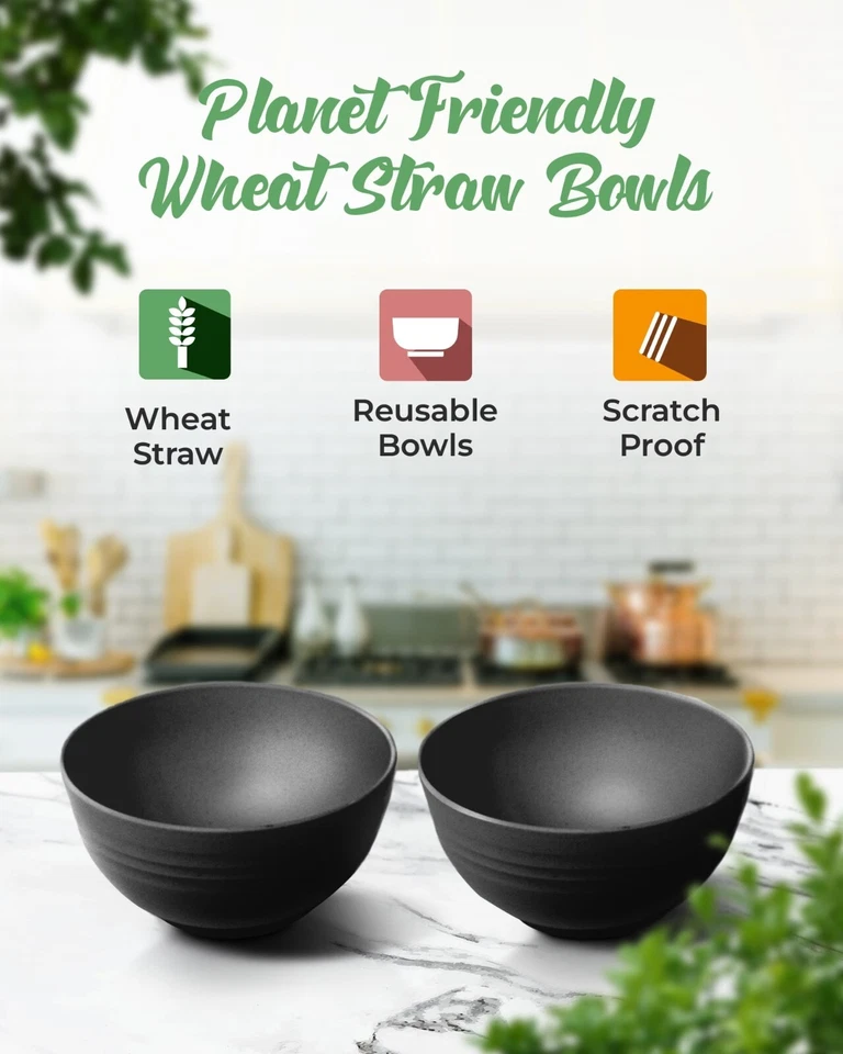 Wheat Straw Bowls Set of 4 Unbreakable Plastic Dishes Dinner Microwave Safe - Image 2 of 4
