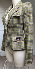Tara Jarmon Green Brown Purple Blue Wool Tweed Blazer Jacket Pockets Uk 12 Eu40
