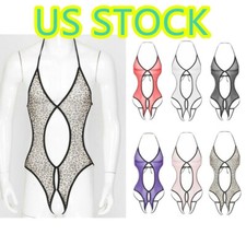  Women See Through Mesh Bodysuit Halter Crotchles Lingerie Nightwear Sleepwear