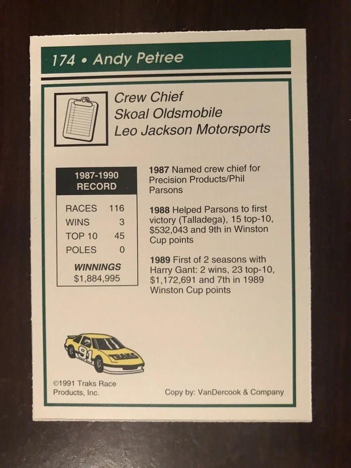 1991 Traks #174 - Andy Petree (RC)  - Crew Chief - Skoal Oldsmobile - Image 2 of 2