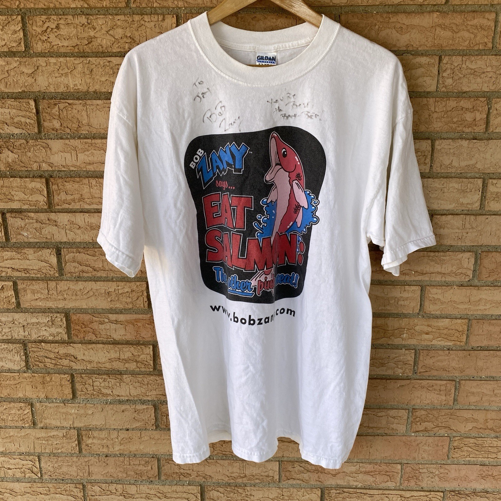 ALTRA T shirt autografata Bob Zany says Eat Salmon l'altro comico di carne rosa taglia XL