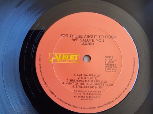 AC/DC -FOR THOSE ABOUT TO ROCK LP - 1989 OZ ALBERT PRESSING - RARE CATALOGUE NO. - Picture 3 of 8