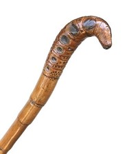 Vintage Antique Japan Carved Bamboo Wood Snake Rattle Swagger Walking Stick Cane