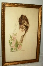 VICTORIAN WATERCOLOR PAINTING LADY PORTRAIT HAIR DOWN WAVY GLASS ART NOUVEAU