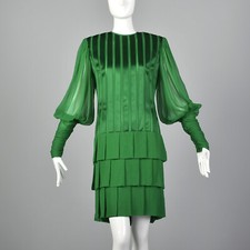 Small Galanos 1980s Emerald Green Silk Dress Vintage Designer Kelly Drop Waist