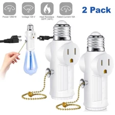 2 Pack E26 Light Bulb Socket Adapter With 2 AC Outlet Plug And Pull Chain Switch