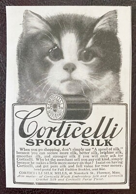 c1900s CORTICELLI SPOOL SILK Vtg Print Ad~Cute Big Eye Kitten/Cat Holding Thread