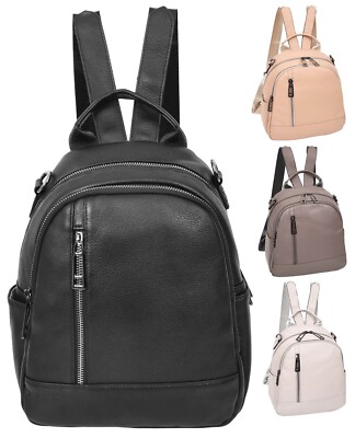 Damen Mädchen Echt Leder Rucksack klein mehrere Reißverschlusstaschen Schultertasche Backpack