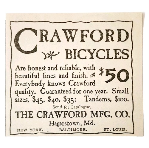 Crawford MFG Bicycles 1897 Advertisement Victorian Bikes Maryland ADBN1A12