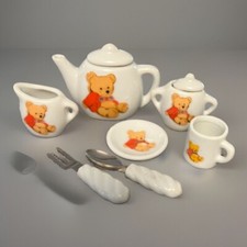 Vintage Miniature Teddy Bear Tea Set Cup Saucer Teapot Creamer  Sugar w/Lids