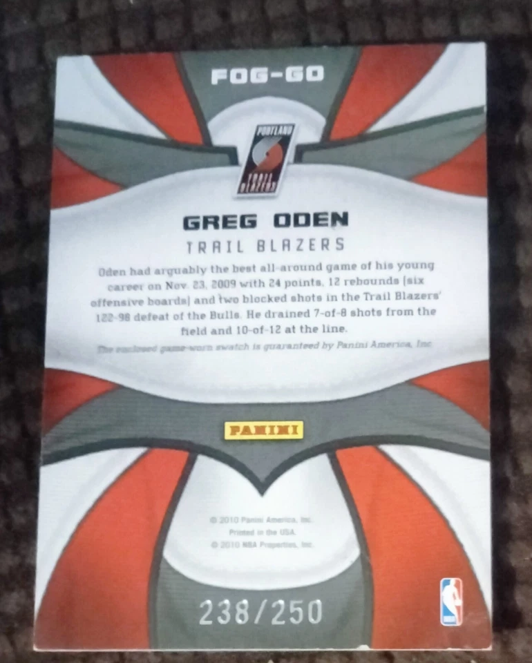 Greg Oden  Fabric Of The Game 2009 # 238/250 - Image 2 of 2
