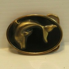 Vtg Dolphin Brass Metal Belt Buckle