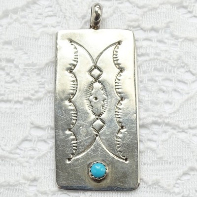 Vtg Edward Platero Laguna Navajo Signed EP Sterling Pendant Turquoise Dot 2 3/8''
