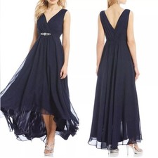 Eliza J Embellished High/Low Chiffon Dress Size 10 Navy Blue Sleeveless V-Neck