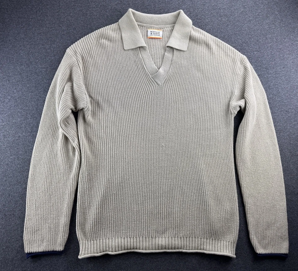 Scotch & Soda Mens Cotton Knit V-Neck Collared Polo Sweater in Beige Size Large - Image 4 of 4