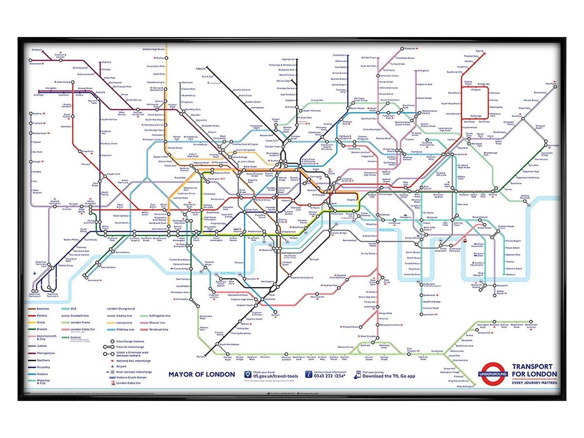 TFL (London Underground Map) Maxi Poster - Black Gloss Framed