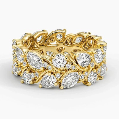 Camellia Eternity Round Marquise Diamond Milgrain BandRing 14K Yellow Gold Over