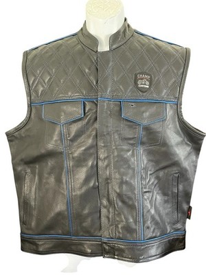 Champ Customs Men s XL Genuine Leather Motorcycle Vest Black Blue Quilted Biker