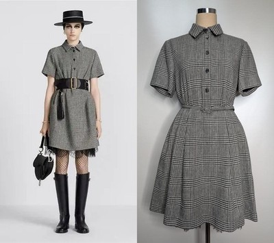 Dior Belted Short Dress 311R90A1376 Wool/Silk Blend Size: 36 Black/White SK1798