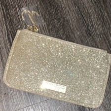 Jimmy Choo Gold Glitter Clutch Wrist Strap Metallic Finish Logo Plate Women