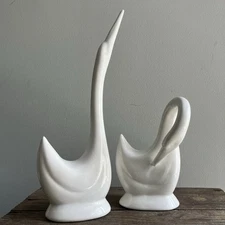 MCM Vintage Jaru Swans Pair White Ceramic Figures Reaching Preening
