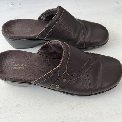 Clarks Women's Mules Brown Leather Slip On Comfort Shoes Clogs Size 7.5