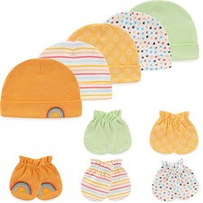 MAMIMAKA Baby Hat and Mittens Set Newborn 0-6 Months, Orange/Green Hpgm33