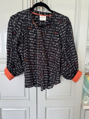 Laetitia Rouget for Anthropologie Script Love Collared Blouse XS Long Sleeve