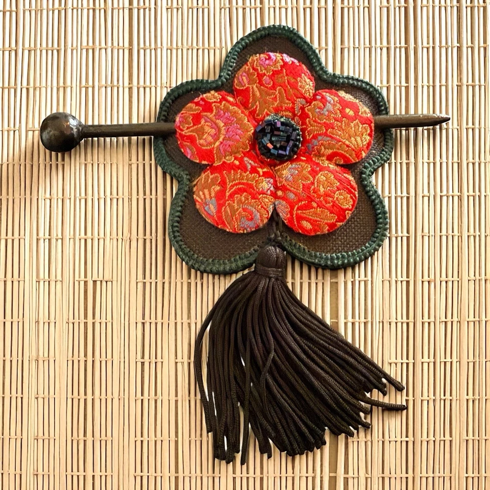 Chinese Brocade Hair Bun Cover Clip Red Fabric Flower with Tassel Vintage - Image 4 of 4