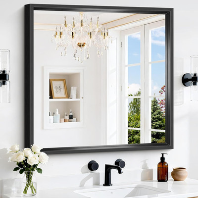 30x30 Black Bathroom Mirror, Shatterproof Glass, Deep Frame, Versatile Design