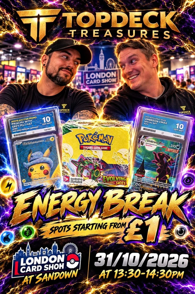 Live from London Card Show l 100 PACK EVOLVING SKIES ENERGY BREAK - £1 STARTING BID - WIN A MOONBREON