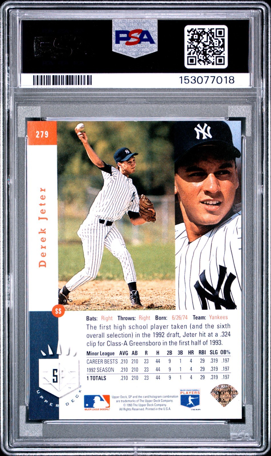 1993 SP Derek Jeter Foil #279 PSA 6 EX-MT RC ROOKIE view 2
