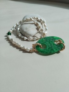 Authentic Natural Jade Carved Pendant Real Pearl Necklace Gold Plated Dragon Clasp Nephrit
