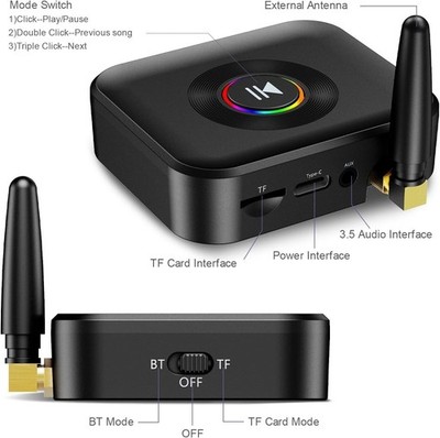 OQIMAX AUX Bluetooth Adapter Bluetooth 5.1 Empfänger mit RGB Umgebungslicht