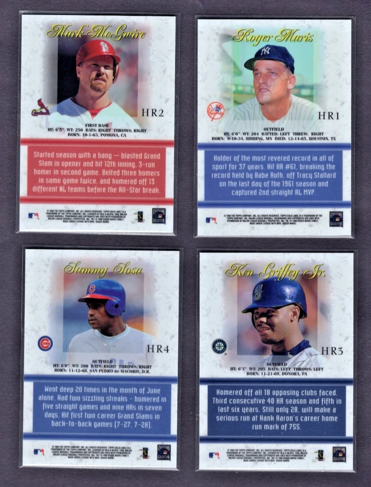 1998 TOPPS GOLD LABEL RACE TO MARIS COMPLETE 4 CARD SET GRIFFEY, MCGWIRE, SOSA - Image 2 of 2
