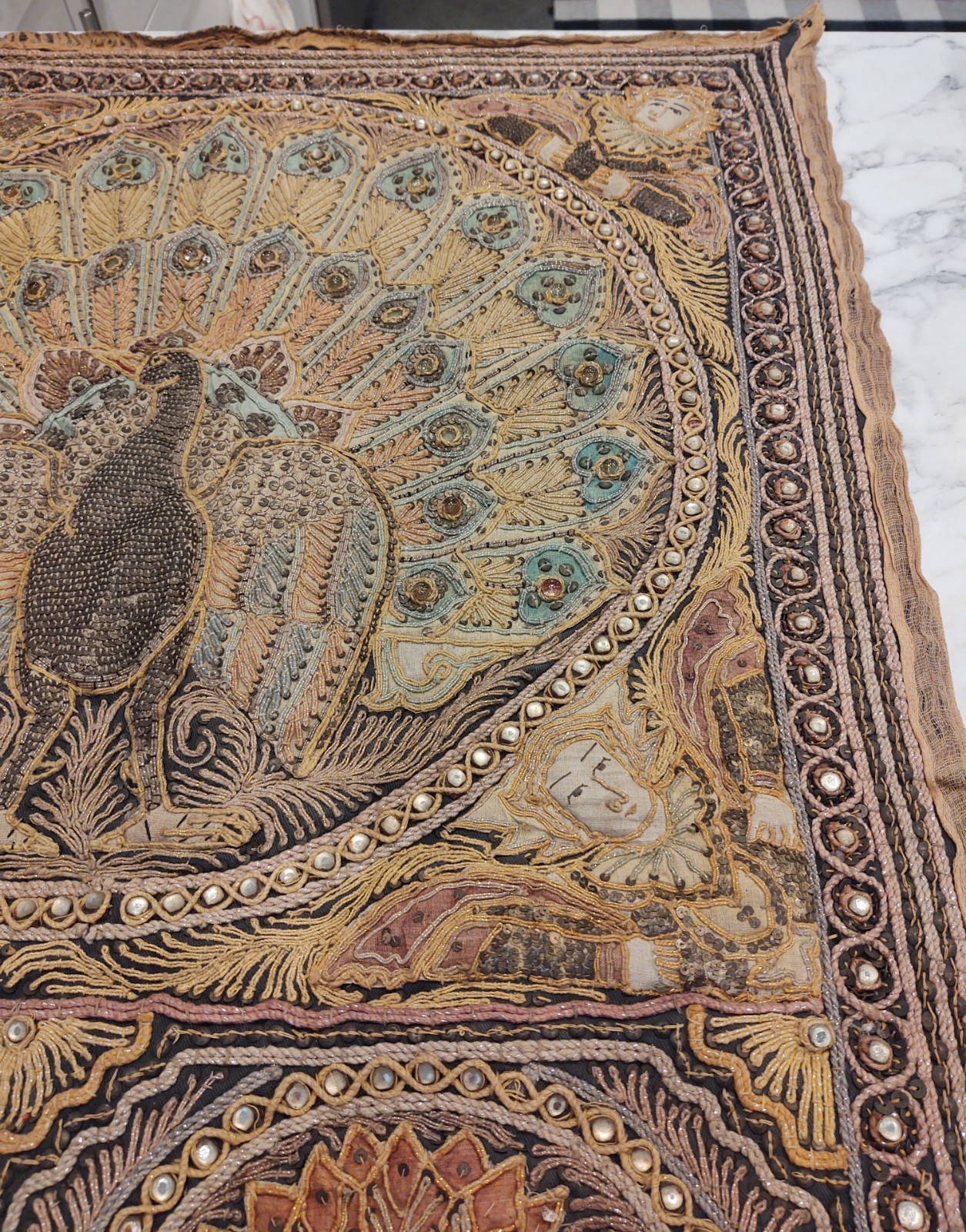 Sequin PEACOCKS Burmese KALAGA Hand-Embroidery Tapestry Wall Hanging 35 x 26 In