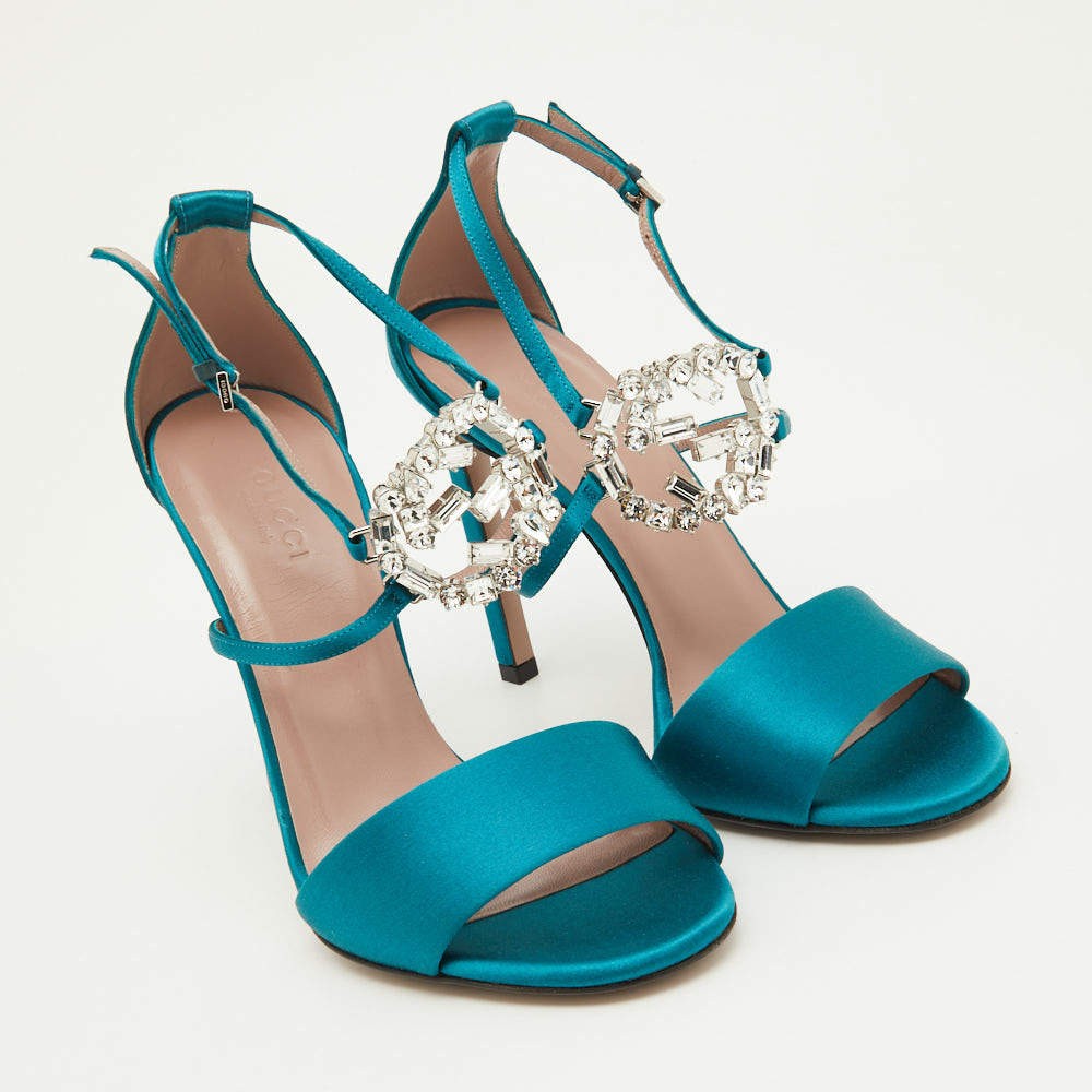 Gucci Teal Satin Crystal Embellished Interlocking G Ankle Strap Sandals Size 36 image 4