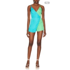 NWT Lovers and Friends Blue Green Satin Wrap Sunny Romper Sleeveless Womens M