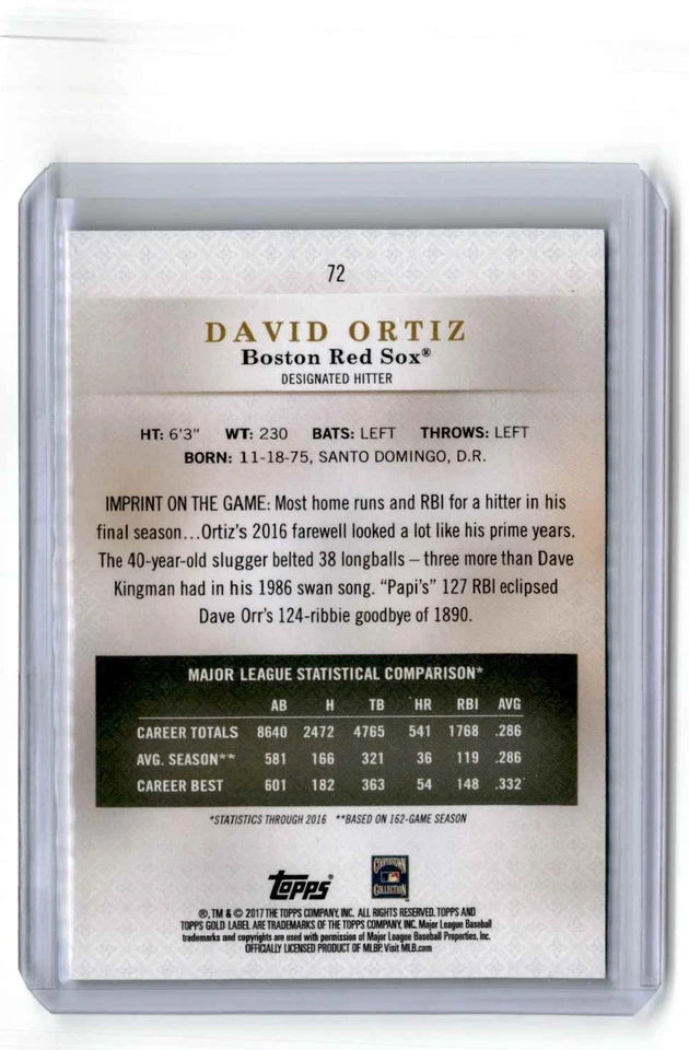 2017 Topps Gold Label Class 1 Blue David Ortiz 043/150 Boston Red Sox #72 - Image 2 of 2